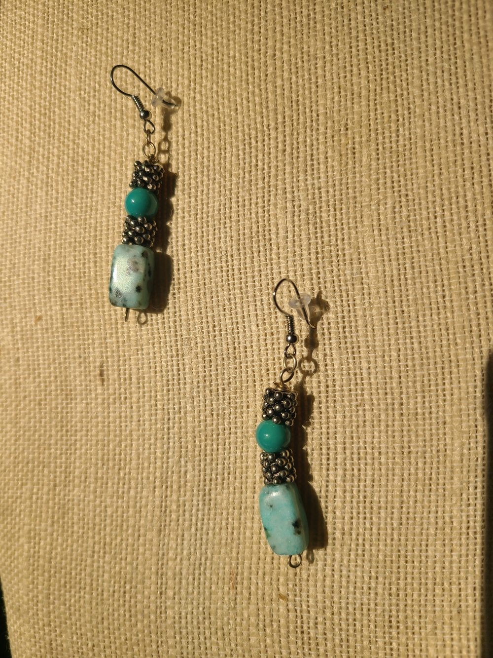 NWOT, artist-made. Bead Dangle Earrings - Teal Blue Stones